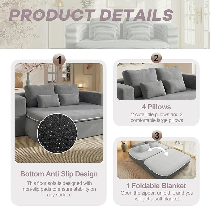 75" Boneless Couch Bed,Fold Up Sleeper Sofa for Adults, Memory Foam Floor Couch with 4 Pillows & Blanket, No Assembly Foldable Guest Bed for Apartment,Living Room