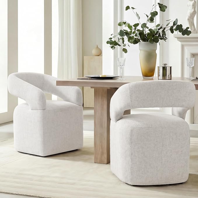 KISLOT Upholstered Dining Chairs Set of 2, Modern Arm Kitchen & Dining Room Chairs with Hidden Casters, Linen Fabric Padded Rolling Chairs, Sturdy Wood Frame, 300 lbs Capacity, Beige