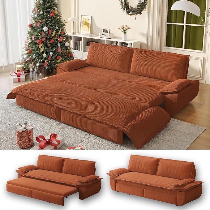 73.2" Sofa Bed Queen Size, Pull Out Couch Bed, 3-in-1 Convertible Sleeper Sofa with Cushion Armrest, Modern Corduroy Futon Couch for Living Room, Small Space, Apartment, Bedroom, Orange