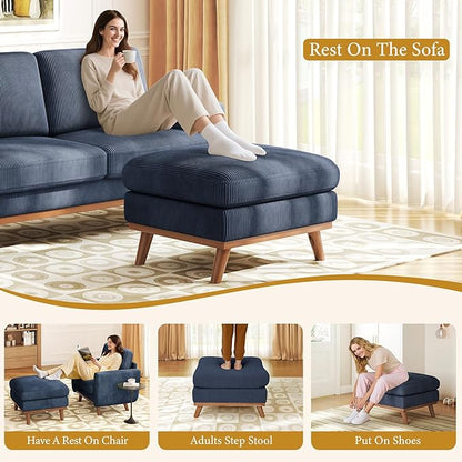 Vesgantti Large Ottoman for Modular Sofa, 29.5" Corduroy Ottoman with Spring Cushion, Rectangle Foot Rest for Couch, Entrance Footstool with Wood Legs, Footstool for Living Room, Bedroom, Dark Blue