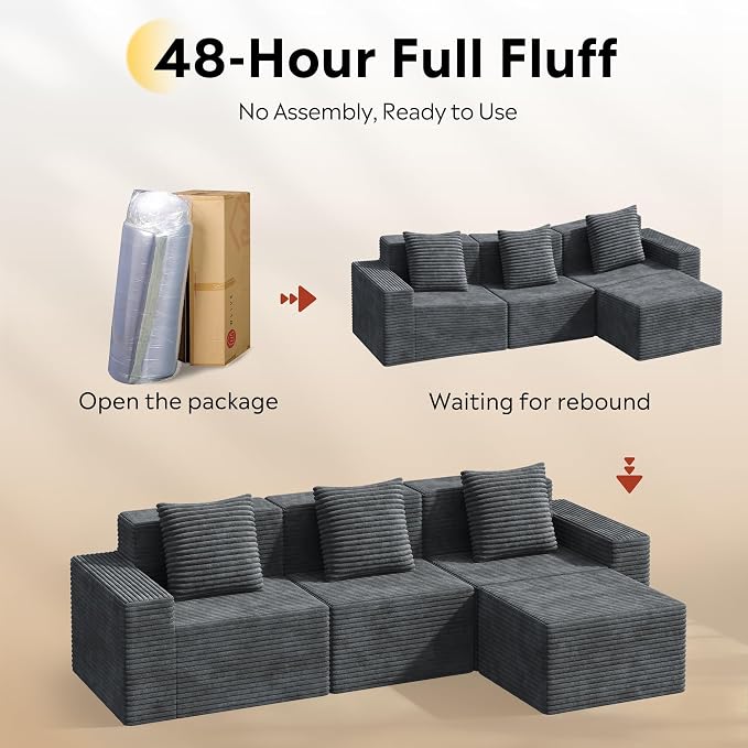 WLIVE 110'' Cloud Sectional Couches for Living Room, Modular Boneless Couch with Facing Chaise, L Shape Memory Foam Corduroy, with Ottoman, Grey