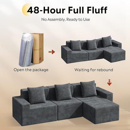 WLIVE 110'' Cloud Sectional Couches for Living Room, Modular Boneless Couch with Facing Chaise, L Shape Memory Foam Corduroy, with Ottoman, Grey