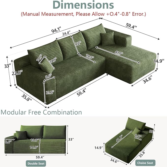 95" Modular Sectional Sofa, Modern Corduroy Cloud Couch with Side Pockets, Boneless Couch Upholstered 3-Seater L-Shaped Sofa for Living Room, No Assembly Required (Green,Right-Facing Chaise)