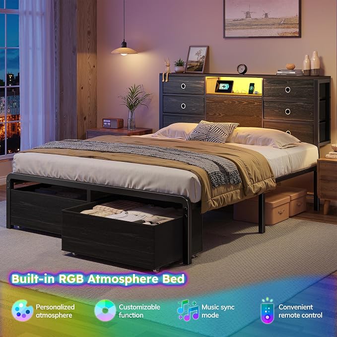 Homkdom Queen Bed Frame,8 Drawers,LED Lights,Charging,Headboard,Black | 8 Fabric organizers , USB and Type-C power ports, Supports up to 880 lbs,Noise-free and quick assembly for bedroom