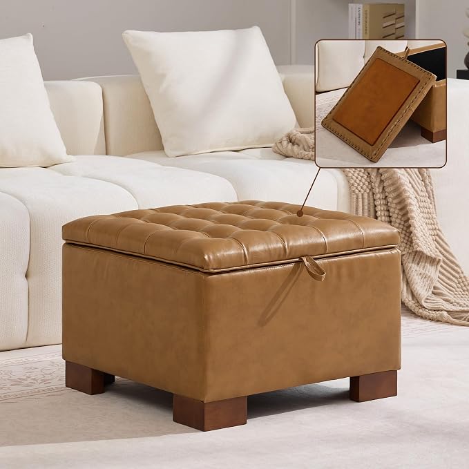WUTUTUEE 24" Faux Leather Square Storage Ottoman with Wooden Tray, Modern Tufted Button Footstool Coffee Table, Upholstered Small Ottoman for Living Room, Bedroom, Brown
