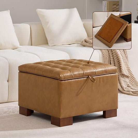 WUTUTUEE 24" Faux Leather Square Storage Ottoman with Wooden Tray, Modern Tufted Button Footstool Coffee Table, Upholstered Small Ottoman for Living Room, Bedroom, Brown