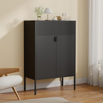47''H Black Metal Storage Cabinet with 2 Adjustable Shelves, 2 Door Accent Cabinet, 3-Tier Metal Locker with Vent Hole, TV Stand for Entryway, Home Office, Music Studio, Home Office