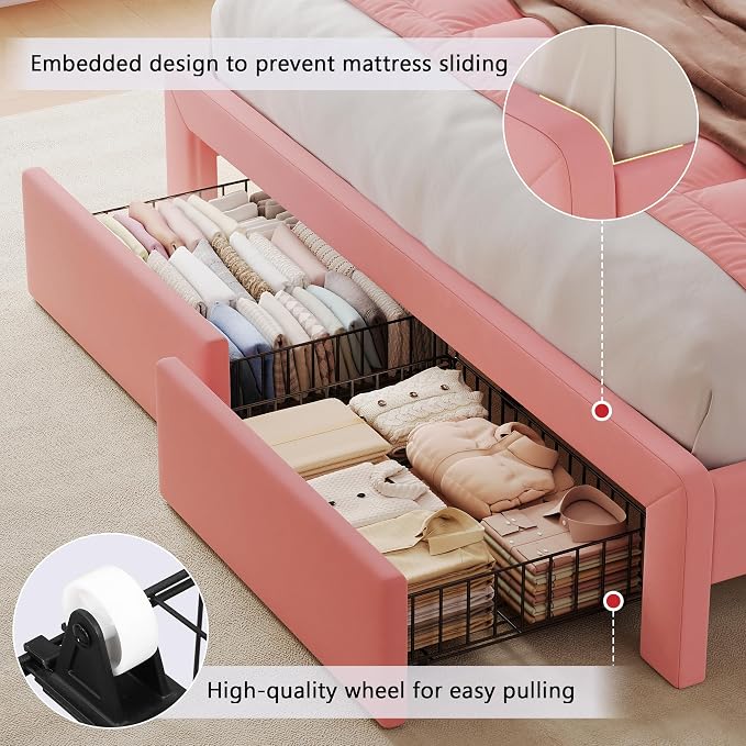 Feonase Queen Upholstered Bed Frame with Headboard and 2 Storage Drawers, Built-in Charging Station, Velvet Platform LED Bed with Solid Wood Slat Support, No Box Spring Needed, Pink