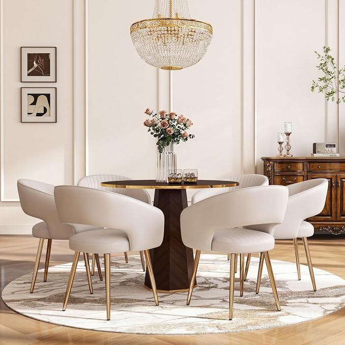Hyfirm Leather Dining Chairs Set of 6, Modern Cream Gold Kitchen Chairs with Hollow Back, Upholstered Accent Side Chairs for Living Room/Reception/Restaurant