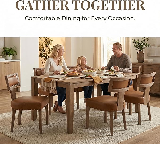HNY Mid Century Modern Dining Chairs Set of 4, Farmhouse PU Leather Upholstered Accent Chairs Curved Nailhead Trim Backrest Kitchen Chairs, with Hardwood Frame, Brown