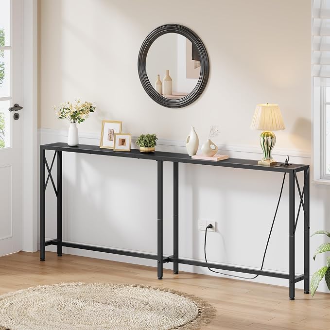Gewudraw Console Table Narrow Long, Behind Couch Table with Oulets & USB Ports, Industrial Long Skinny Stand for Entryway,Hallway, Living Room, Bedroom Black, 7.9" D x 70" W x 30.3" H