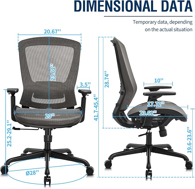 ELABEST T96 Mesh Office Chair,Ergonomic Computer Desk Chair,Sturdy Task Chair- Adjustable Lumbar Support & Armrests,Tilt Function,Comfort Wide Seat,Swivel Home Office Chair