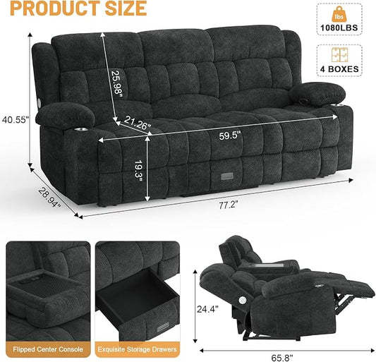 Dresegmt Loveseat Recliner Sofa, Flip Middle Backrest Design 3 Seat Reclining Sofa with Storage Drawer, USB Ports & Cup Holders, Manual Couch for Living Room/RV (Gray)