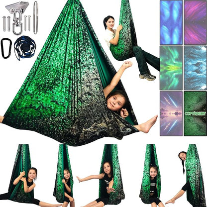 Sensory Swing for Kids & Adults Holds up to 300lbs Indoor & Outdoor Double Layer Therapy Cuddle Swing with 360° Swivel Hanger Kit for Calming, Effect for Autism, ADHD or SPD. (Crystal Green)