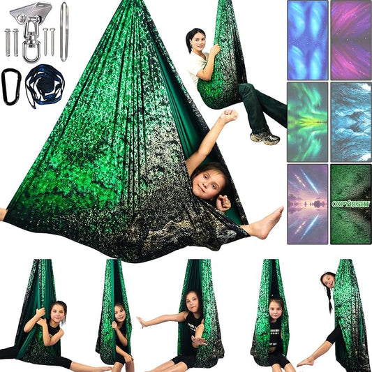 Sensory Swing for Kids & Adults Holds up to 300lbs Indoor & Outdoor Double Layer Therapy Cuddle Swing with 360° Swivel Hanger Kit for Calming, Effect for Autism, ADHD or SPD. (Crystal Green)