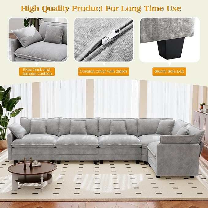 113.8" Modular Sectional Sofa,Cloud Couch for Living Room,Modern Deep Seat Sofa 5 Seater Chenille Fabric Comfy L Shaped Couches with Throw Pillows for Apartment