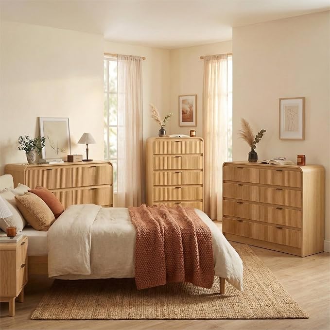 FURSUN Fluted 5 Drawers Dresser for Bedroom, 48" Tall Wooden Modern Dresser with Metal Handle, Curved Profile Design, Storage Organizer for Bedroom, Living Room, Hallway, Natural Oak