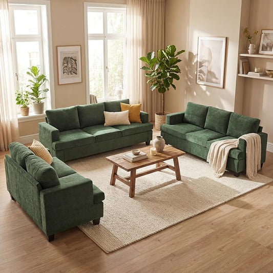 YOUDENOVA Sofa, 3 Piece Set Comfy Sofa, Loveseat & 2 3-Seater Couch with Deep Seats for Living Room, Modern Sleeper Couch, Green Chenille