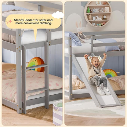 Bunk Bed with Slide, Wooden Bed Frame for Kids, Low Loft Bunk Bed Twin Over Twin with Ladders, Safety Guardrails for Kids, Toddlers, Boys, Girls, Teens, Bedroom (Grey)