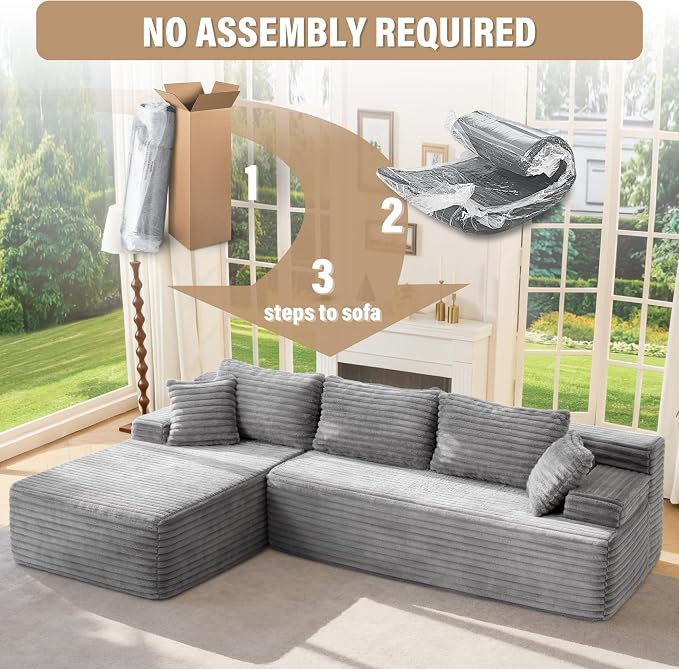 Hobestluk Boneless Couch Modular Sectional Sofa L-Shape Oversized Chaise | 108" Left Facing Chaise Pale Gray,Memory Foam,Removable Cover,Non-slip Bottom,No Assemble Required,Living Room Furniture