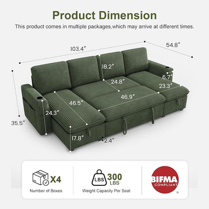 Sectional Sleeper Sofa with Pull Out Bed, Plush Corduroy Sectional Sofa with Double Storage Chaise and Adjustable Backrest, Cloud Sectional Couches for Living Room, Apartment, Green