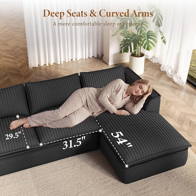 Vesgantti 141.7" U Shaped Sectional Boneless Couch, Modern 6 Seater Modular Sofa with Chaise & Ottoman, Deep Seat Plush Corduroy Cloud Couches for Living Room, No Assembly Required, Dark Gray