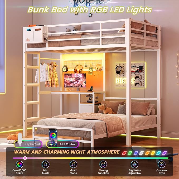 DICTAC Twin Over Twin Bunk Bed with Desk,Led Lights and Charging Station Metal L-Shaped Bunk Beds with Storage Drawers and Shelves, Loft Bed with Safety Guardrail and Ladder for Kids and Teen,White