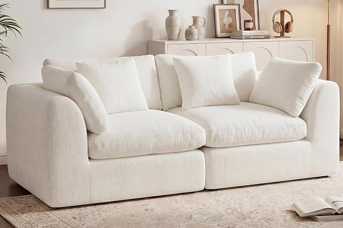 GRUSIGN 79'' Oversized Boneless Cloud Loveseat for Living Room, Modern Big Sectional Compressed 2 Seater Couch with 2 Throw Pillows, Comfy Chenille Deep Seat Foam Spineless 2 Person Couch, Beige