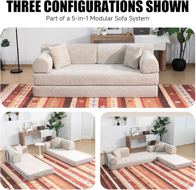 78.8" Memory Foam Boneless Couch, Corduroy Floor Sofa Bed, Convertible Sleeper Futon Loveseat, Wide Armrests & Back Support, Supports Up to 1200 lbs, Couch in a Box with 2 Pillows, Light Camel