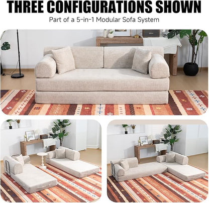 78.8" Memory Foam Boneless Couch, Corduroy Floor Sofa Bed, Convertible Sleeper Futon Loveseat, Wide Armrests & Back Support, Supports Up to 1200 lbs, Couch in a Box with 2 Pillows, Light Camel