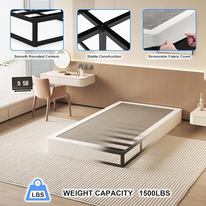 NHODIR Box Spring for Twin Bed, 7 inch Twin Size Box Spring Only, Strong Metal Frame Mattress Foundation, No Noise, Easy Assembly