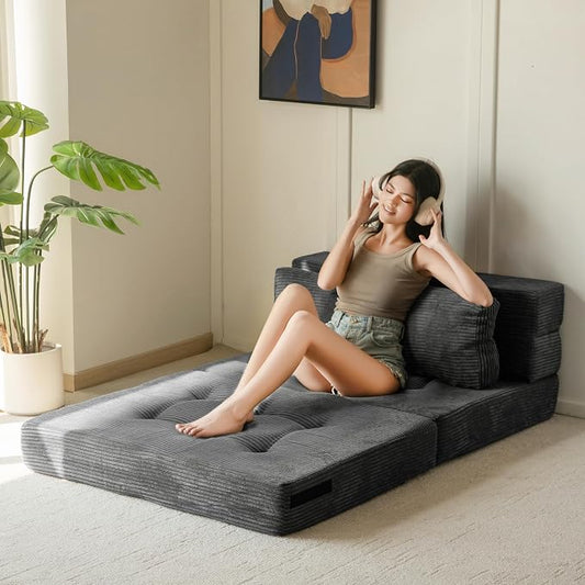 MAXYOYO Convertible Sofa Bed, Fold Out Loveseat Sofa Couch with Pillow, 4 in 1 Tufted Folding Couch Bed Foam Floor Couch, Lazy Chair for Living Room Bedroom Guest Room, Dark Grey