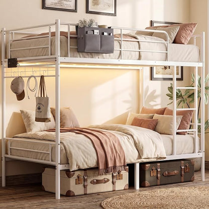 Bunk Bed,Bunk Bed Twin Over Twin with LED Lights and Charging Station | Heavy Duty Metal Bunk Bed Frame with Guardrails and Ladder,Space Saving Bunk Beds for Teens Dorm Bedroom,White