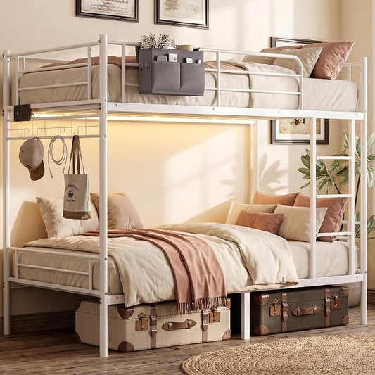 Bunk Bed,Bunk Bed Twin Over Twin with LED Lights and Charging Station | Heavy Duty Metal Bunk Bed Frame with Guardrails and Ladder,Space Saving Bunk Beds for Teens Dorm Bedroom,White