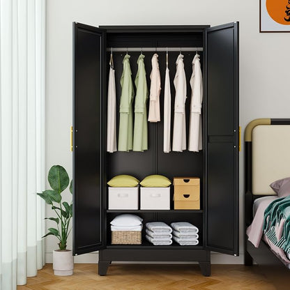 Ckzbx 71" H Metal Armoire Wardrobe Closet with Mirror,Adjustable Shelve, Clothes Drying Pole, Steel Wardrobe Cabinet for Bedroom (Black)