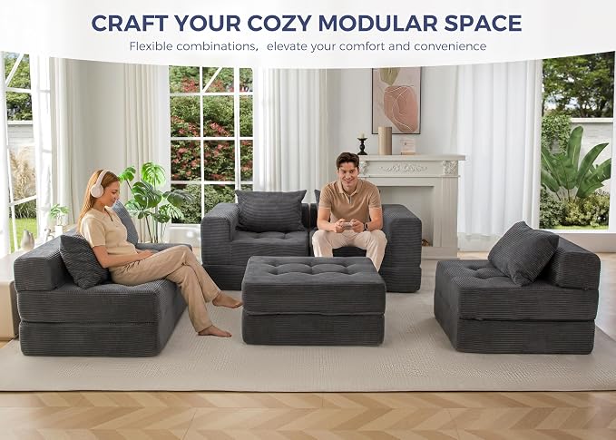 MAXYOYO Modular Sectional Sofa Couch, Foldable U Shaped Cloud Couch with Pillows, Tufted 6-Seat Boneless Lounger Floor Sofa Bed for Living Room, No Assembly Required, Dark Grey