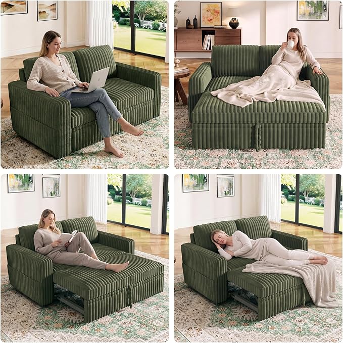 HONBAY Modular Pull Out Sofa Bed,Corduroy Loveseat, Couches for Living Room,Green