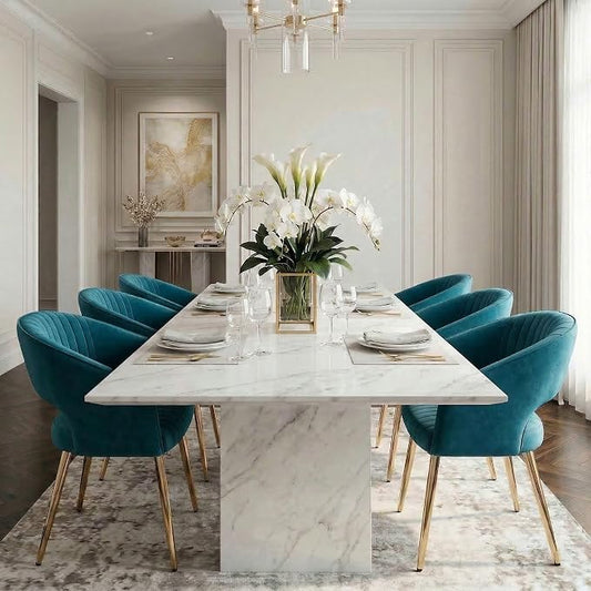 Hyfirm Teal Velvet Dining Chairs Set of 6, Modern Gold Legs Dining Room Chairs with Hollow Back, Upholstered Accent Kitchen Chairs for Living Room/Reception/Restaurant
