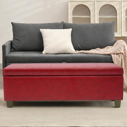 51 Inch Storage Ottoman, Storage Bench with Safety Hinge, Upholstered Synthetic Leather Ottoman Bench for Bedroom, Living Room, Entryway, Hallway, Foot Rest, Support 500lbs