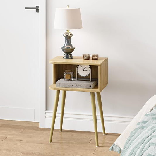 Natural Nightstand Set of 2, Small Bed Side Table for Small Spaces, Mid Century Modern Nightstand End Table with Open Storage, Side Table for Bedroom Living Room, MLBZ20Y-2