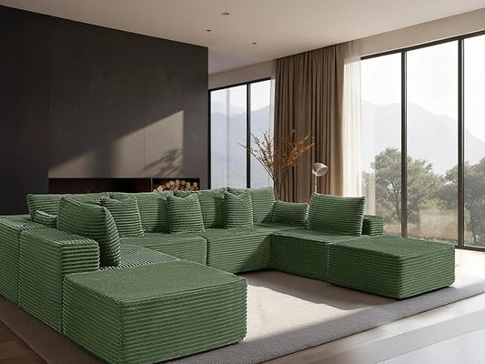 138" Cloud Sectional Couch, Comfort U Shaped Sofa for Living Room, Extra Deep Seats No Assembly, Minimalist Modular Couch, Corduroy (Olive Green, 8 Seats,U-Shape A)