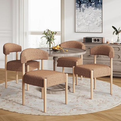 VKNOW Wooden Dining Chairs Set of 2 with Curved Open Back, Orange | Natural Rubberwood Legs, Soft Chenille Fabric, Thickened Cushion, For Adults and Family, Dining Room, Kitchen, No Wobble