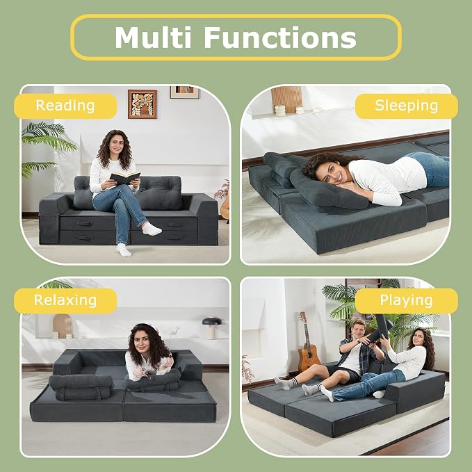 Folding Sofa Bed, 4 in 1 Convertible Sleeper Chair with Pillow, Loveseat Memory Foam Fold Out Chair Bed, Modern Floor Futon Sofa Couch Mattress for Living Room/Guest/Apartment, Black Grey | Compressed sofa