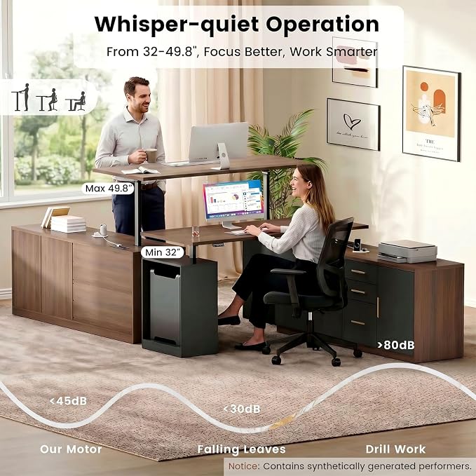 ModernMate L Shaped Electric Standing Desk with Drawers & File Cabinet, 67x60 Corner Executive Workstation, 59" One-Piece Desktop, Height Adjustable with Charging Station for Home Office, Black Walnut