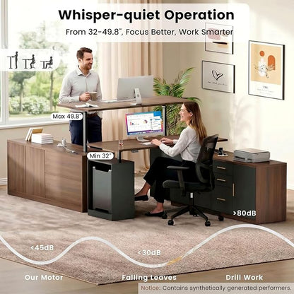 ModernMate L Shaped Electric Standing Desk with Drawers & File Cabinet, 67x60 Corner Executive Workstation, 59" One-Piece Desktop, Height Adjustable with Charging Station for Home Office, Black Walnut