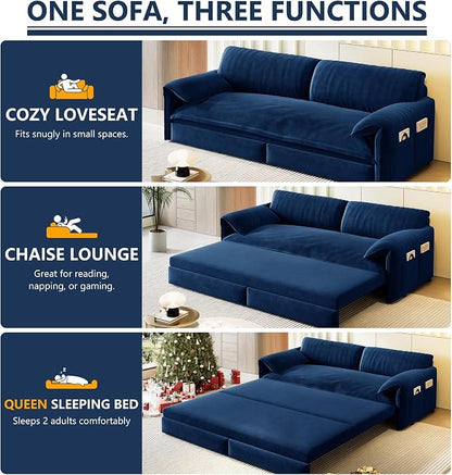 63.8" Sofa Bed Queen Size, Pull Out Couch Bed, 3-in-1 Convertible Sleeper Sofa with Side Pocket, Modern Velvet Futon Couch for Living Room, Small Space, Apartment, Bedroom, Blue