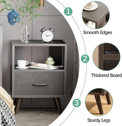 Aenuert Night Stand, Black Nightstand with Drawer, Side Table with Open Storage, 2-Tier Modern End Table, Bedside Table for Small Space, Living Room, Bedroom