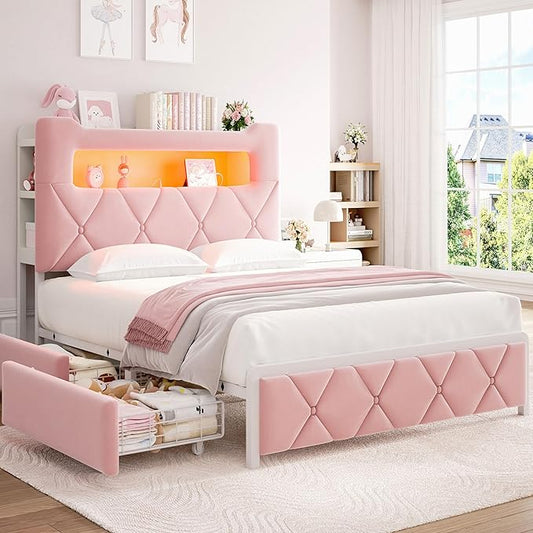 Full Upholstered LED Bed Frame with 2 Storage Drawers and 2-Tier Storage Headboard, Velvet Princess Platform Bed with Charging Station & Bookcase, Corner Bed Frame, Heavy Duty Metal Support, Pink
