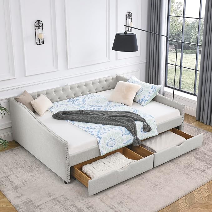 KEIKI Queen Size Upholstery Daybed with 2 Drawers and Headboard, Mid-Century Style Tufted Sofa Bed with Button on Back, Easy Assembly, No Box Spring Required, for Living Room and Bedroom, Beige
