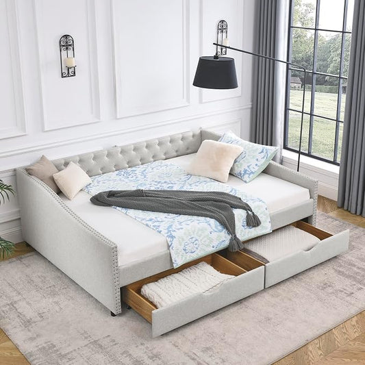 KEIKI Queen Size Upholstery Daybed with 2 Drawers and Headboard, Mid-Century Style Tufted Sofa Bed with Button on Back, Easy Assembly, No Box Spring Required, for Living Room and Bedroom, Beige